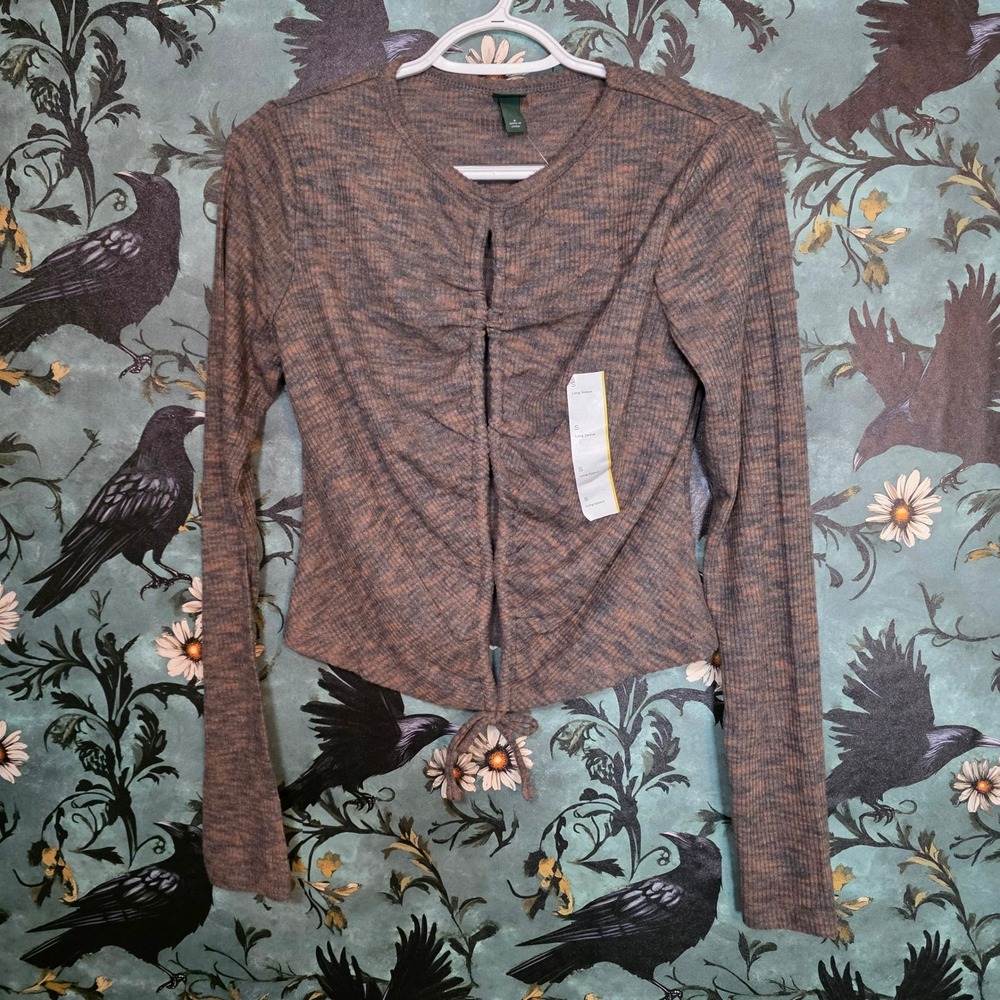 Wild Fable Top Space Dye Cinched Keyhole Tie Hem Ribbed Knit Brown Long Sleeve S